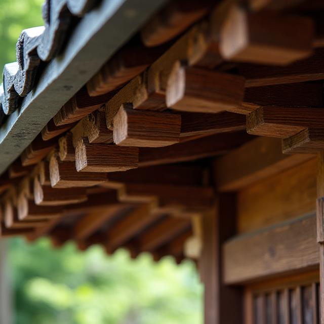 Detailed view of a traditional Japanese wooden temple roof structure.
